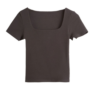 夏季纯棉方领辣妹正肩短袖t恤女式修身显瘦感韩系女装t恤上衣