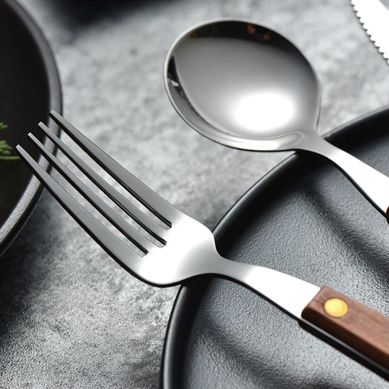 实木手柄刀叉圆勺子304不锈钢牛排刀叉勺三件套装西餐厅ins风餐具