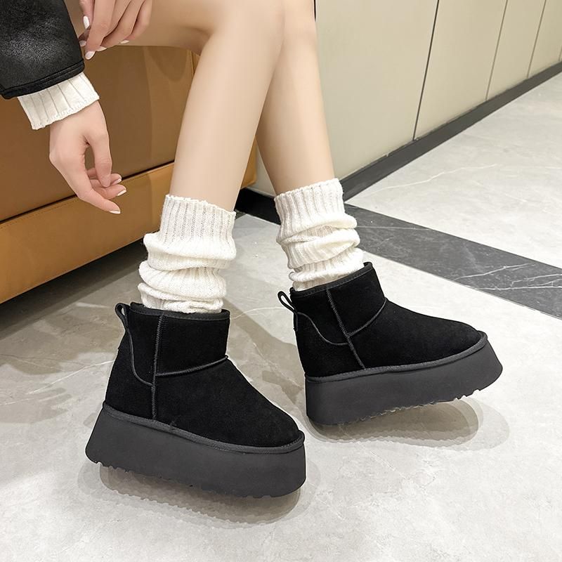真皮内增高12CM厚底雪地靴女款冬季加绒加厚保暖小个子短筒棉靴子