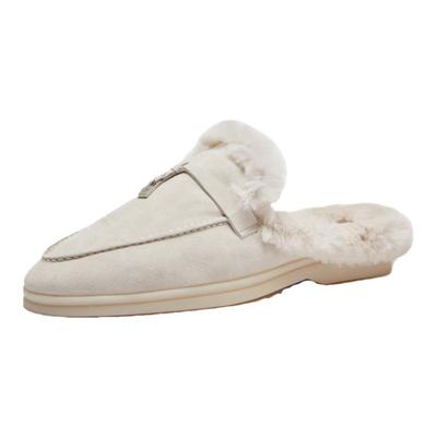 秋冬款加绒半拖鞋女L36P羊皮流苏平底休闲外穿保暖毛毛包头拖鞋女