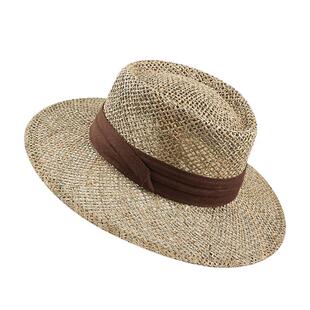 法式咸草编织平顶草帽女夏季海边度假沙滩防晒遮阳帽镂空透气礼帽