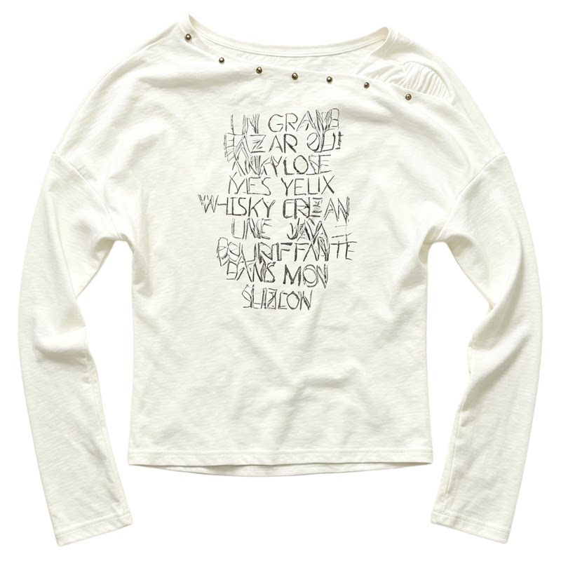 字母印花一字肩长袖T恤女欧洲站