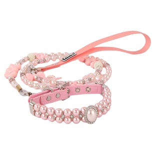 宠物钢丝绳串珠项圈牵引绳套装狗狗猫咪外出遛狗绳遛猫绳通用白色