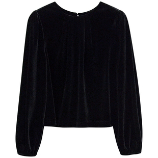 一三良品小个子 法式复古黑色宽松显瘦露背圆领丝绒上衣衬衫女