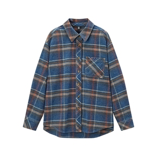 森马牛仔衬衫女冬中长款保暖宽松雪尼尔格纹衬衣潮酷复古盐系衣服