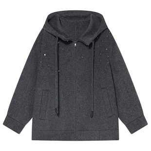 Goodland美地钉钻牦牛绒羊毛连帽大衣外套女2025冬新款LC35510370