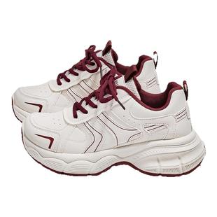 人本酒红厚底老爹鞋女款2026新款春季学生运动鞋原创百搭休闲鞋子