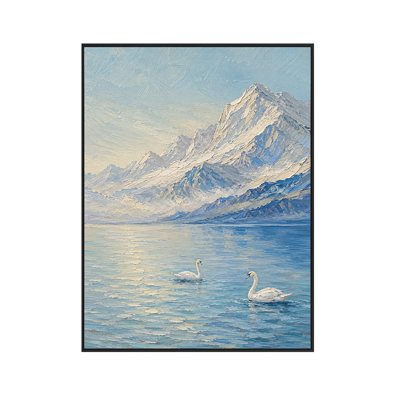 大芬村手绘雪峰湖面双栖水鸟油画