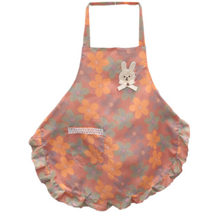 韩版夏季透气薄围裙少女甜美油画风布艺家用厨房新款挂脖工作服