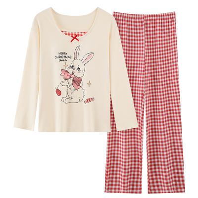 浪莎带胸垫少女睡衣春秋季纯棉长袖甜美可爱女生家居服秋冬款套装