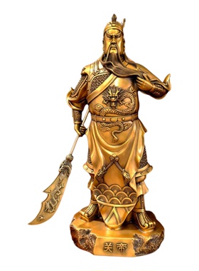解州关公铜像提刀站像热彩色财神铜像铜雕关公招财镇宅红脸绿袍