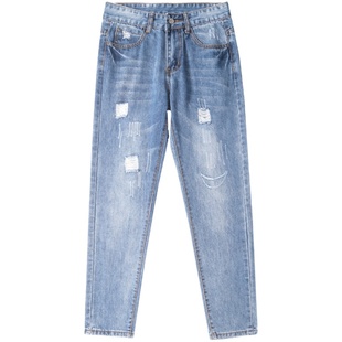 破洞牛仔裤女直筒哈伦裤2025年春秋高腰显瘦宽松小个子九分老爹裤