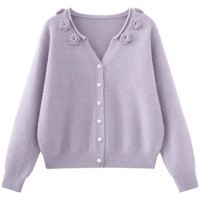 慕兔法式气质V领立体花朵毛衣