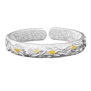 莲花银手镯女9999纯妈妈款吉言开口古法银镯子送奶奶老人实用礼物