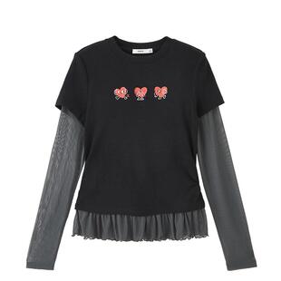 三福长袖上衣2026新款春季爱心印花网纱拼接假两件t恤女装519882