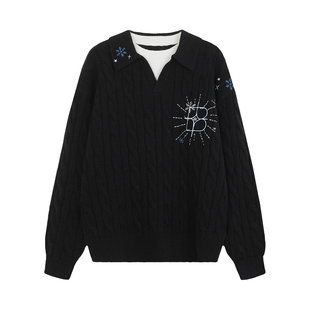 BIPOLAR过肩雪花假两件针织衫设计感百搭POLO领男毛衣上衣打底女