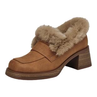 星期六2025冬季新款毛毛鞋保暖加绒加厚高跟鞋乐福鞋粗跟深口单鞋