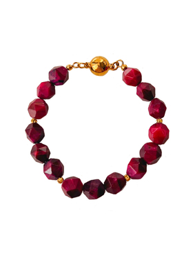 天然玫红虎眼石切面手链新中式