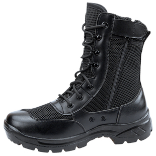 新式黑色透气保安靴作战靴男轻便夏季保安鞋女网眼拉链超轻战靴
