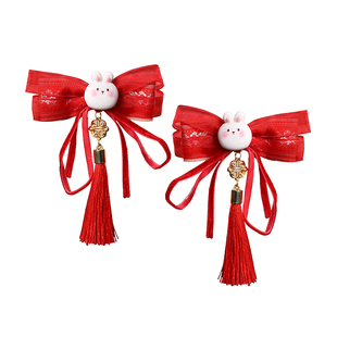 2026新年古风汉服发饰儿童红色流苏发夹宝宝拜年可爱花朵毛球对夹