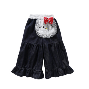 女童牛仔裤春季阔腿裤洋气时髦精致小猫蝴蝶结长裤时尚木耳边裤子