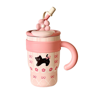 吸管保温杯办公室带把手大容量猫咪杯子女高颜值可爱粉色桌面水杯