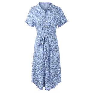 Casual Short Sleeve V-Neck Tunic Dress休闲短袖 V领束腰连衣裙
