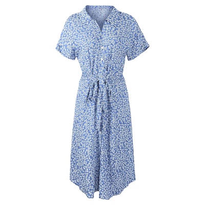 假日休闲短袖V领束腰连衣裙