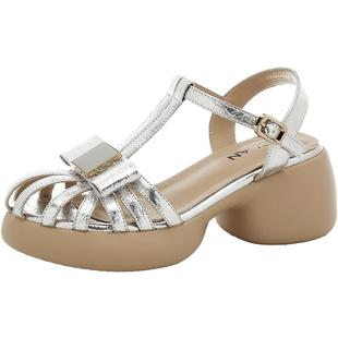 EBLAN/伊伴【99清仓福利】包头镂空凉鞋女蝴蝶结高跟女士罗马凉鞋