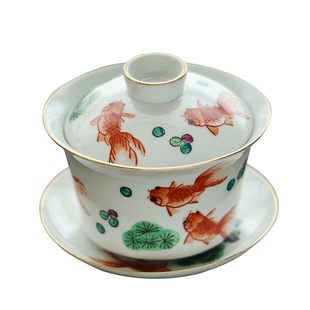 潮州枫溪90年代出口香港纯手绘祥龙工夫小盖碗金鱼老胚老盖碗