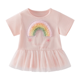 女童t恤短袖夏季小童甜美衣服女孩夏款儿童洋气夏装5宝宝裙摆上衣