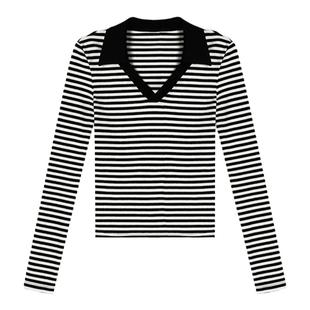 MULVAN黑色v领polo针织t恤女春秋外穿韩版长袖修身短款打底衫上衣