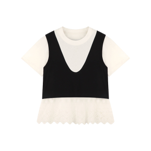Amybaby女童上装春季2026新款高级氛围感假两件蕾丝拼接短袖上衣