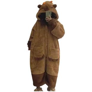 卡皮巴拉睡袍珊瑚绒睡衣秋女款2025新款冬季厚可爱睡裙连体家居服