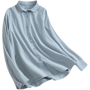 2025年春秋季新款复古文艺全棉衬衫女长袖休闲娃娃领棉麻衬衣