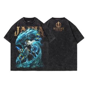 TEE7-暴雪游戏魔兽T恤冰霜女巫吉安娜部落联盟水洗做旧纯棉短袖