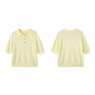 PIT复古淡黄翻领短袖套头针织打底衫女2025春新款慵懒内搭上衣
