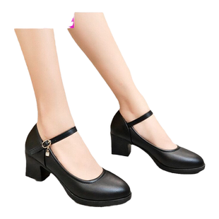 模特旗袍走秀高跟鞋子女黑色皮鞋一字扣带防水台圆头中跟粗跟单鞋