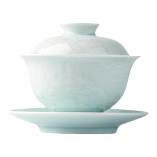 三勤堂影青盖碗手工雕刻山水三才泡茶碗陶瓷茶杯景德镇功夫茶具