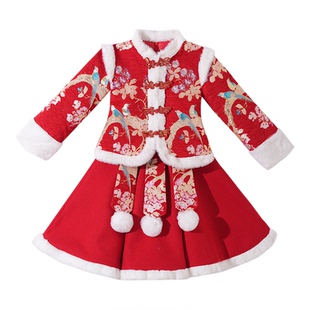 清仓汉服女童拜年服唐装冬季加绒加厚国风古装儿童马面裙套装冬款