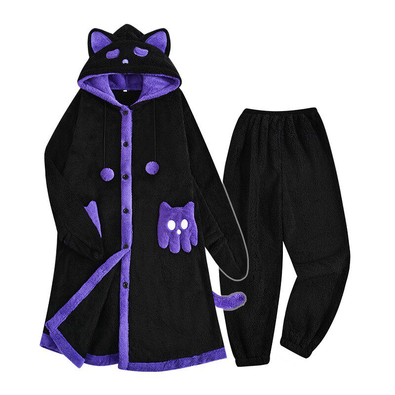 小幽灵猫睡衣女冬季珊瑚绒加绒加厚可爱情侣家居服男士睡袍套装
