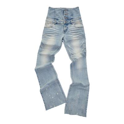 1JINN STUDIO复古水洗高腰腰封微喇牛仔裤女不规则磨毛设计休闲裤