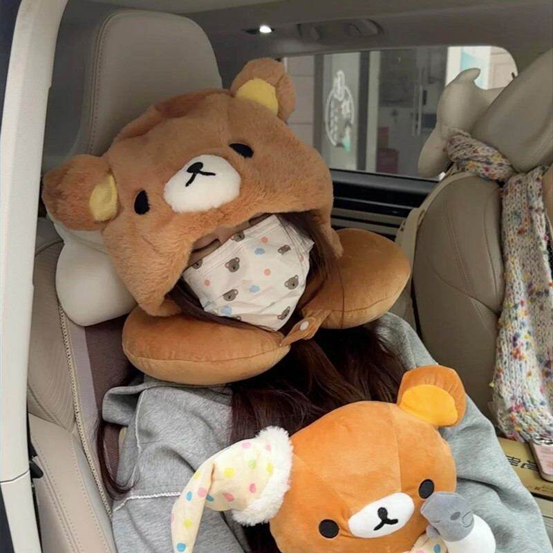 轻松熊U型枕可爱连帽靠枕脖子护颈枕旅行坐车便携式u型枕午睡枕头
