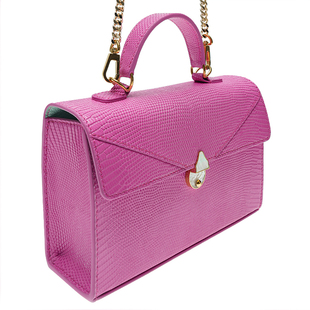 聚变手工皮具高端定制玫红色蜥蜴皮时尚经典贝母扣女士单肩手提包