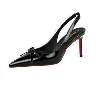 2025超火红底高跟凉鞋女夏季配裙子不累脚蝴蝶结酒红色漆皮细跟