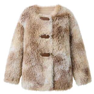 三彩独醒2025冬季环保皮草仿托卡卷毛外套圆领毛绒上衣保暖女F