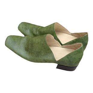 清新牛油果绿显白6cm高软真皮中空设计方跟一脚蹬休闲时尚懒人鞋