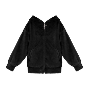 VOCK 拽姐当道 黑色冬季宽松中长款保暖刺绣毛绒辣妹连帽卫衣外套