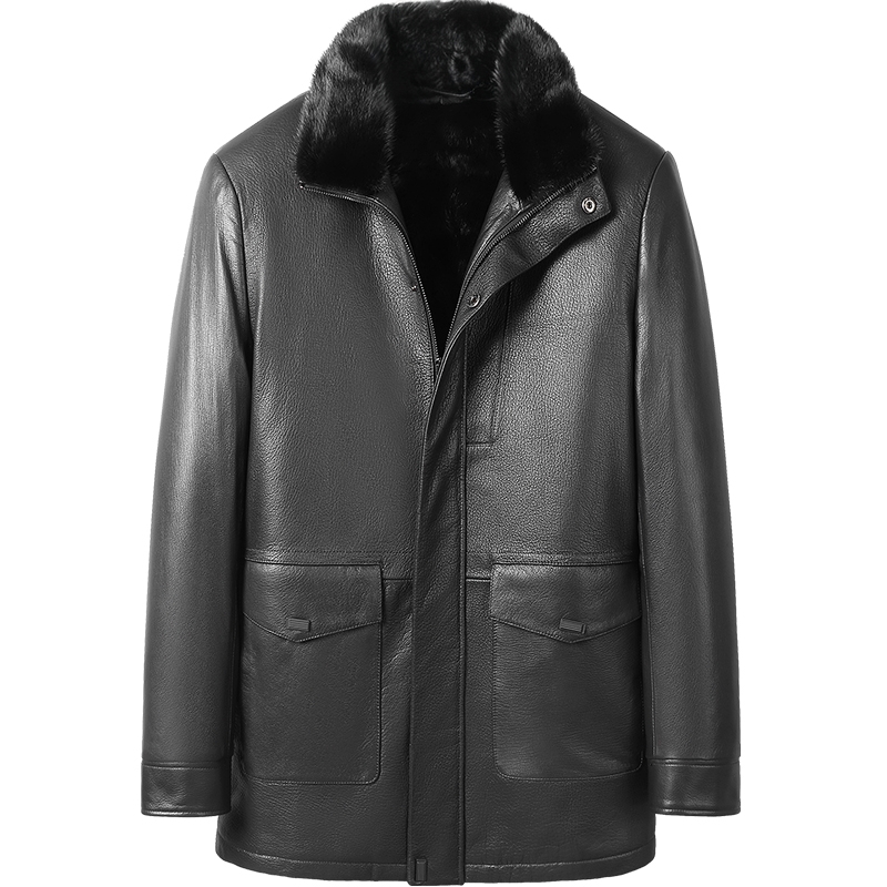 海宁水貂内胆皮毛一体男海宁真皮皮衣中长款山羊皮爸爸皮貂外套厚