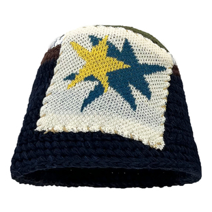 韩国小众设计师图案贴布针织渔夫帽子秋冬手工编织防寒保暖盆帽潮